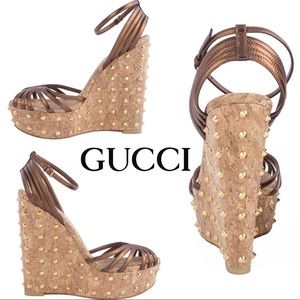 GUCCI studded bronze metallic wedges temp price ⬇️